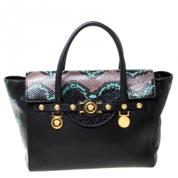 Versace Black Leather and Python Embossed Tote
