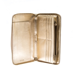 Pre Owned Versace Gold Metallic Quilted Leather Studded Zip Around Wallet