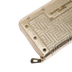 Pre Owned Versace Gold Metallic Quilted Leather Studded Zip Around Wallet