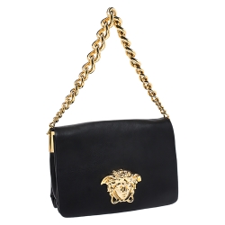 Pre Owned Versace Black Leather Medusa Flap Shoulder Bag