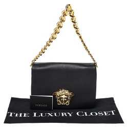 Pre Owned Versace Black Leather Medusa Flap Shoulder Bag