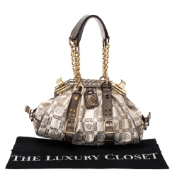 Pre Owned Versace Beige/Metallic Canvas and Leather Madonna Boston Bag