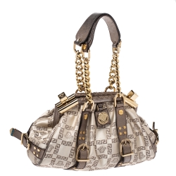 Pre Owned Versace Beige/Metallic Canvas and Leather Madonna Boston Bag