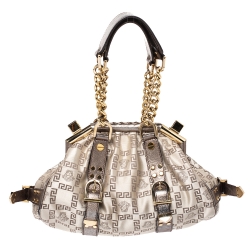 Pre Owned Versace Beige/Metallic Canvas and Leather Madonna Boston Bag