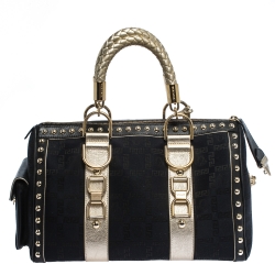 Pre Owned حقيبة فيرساتشي "سناب أوت أوف إيت" مرصع جلد و قماش مطبوع شعار الماركة أسود و ذهبي 