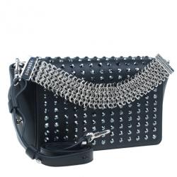 Pre Owned Versace Black  Leather Studded Crystal Chain Shoulder Bag