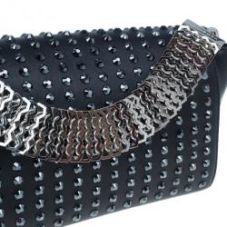 Pre Owned Versace Black  Leather Studded Crystal Chain Shoulder Bag