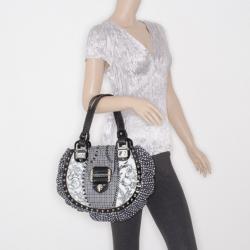 Pre Owned Versace Black and White Multi Print Leather Tote