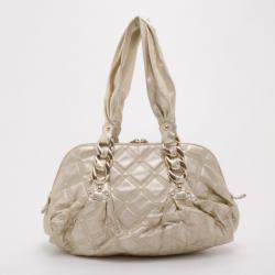 Pre Owned Versace Metallic Quilted Logo Leather Satchel 