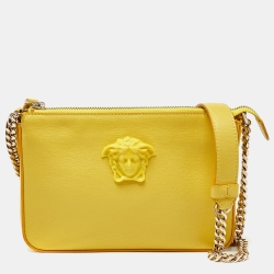 Pre Owned Versace Yellow Leather Medusa Zip Crossbody Bag
