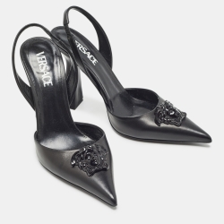 Pre Owned Versace Black Leather La Medusa Slingback Pumps Size 39