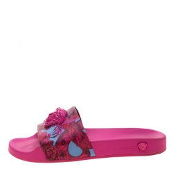 Pre Owned Versace Pink Baroque Leather Medusa Head Printed Slides Size 38