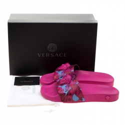 Pre Owned Versace Pink Baroque Leather Medusa Head Printed Slides Size 38