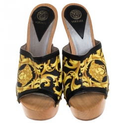 Versace Black/Yellow Barocco Printed Leather Clog Platform Sandals Size 37.5