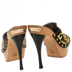 Versace Black/Yellow Barocco Printed Leather Clog Platform Sandals Size 37.5