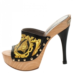 Versace Black/Yellow Barocco Printed Leather Clog Platform Sandals Size 37.5