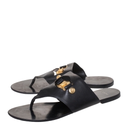 Versace Black Leather Medusa Detail Thong Flats Slides Size 41