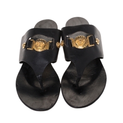 Versace Black Leather Medusa Detail Thong Flats Slides Size 41