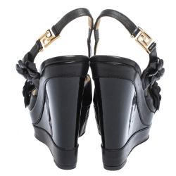 Pre Owned Versace Black Leather And Suede Flower Embellished Wedge Platform Slingback Sandals Size 37