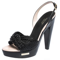 Versace Black Woven Knot Leather And Patent Slingback Platform Sandals Size 36