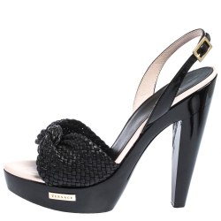 Versace Black Woven Knot Leather And Patent Slingback Platform Sandals Size 36