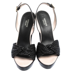 Versace Black Woven Knot Leather And Patent Slingback Platform Sandals Size 36
