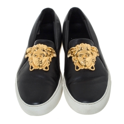 Pre Owned Versace Black Leather Palazzo Medusa Slip-On Sneakers Size 40 