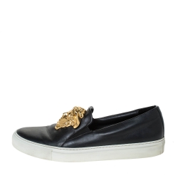 Pre Owned Versace Black Leather Palazzo Medusa Slip-On Sneakers Size 40 