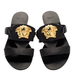 Versace Black Leather Medusa Detail Flats Slides Size 39