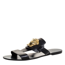 Versace Black Leather Medusa Detail Flats Slides Size 39