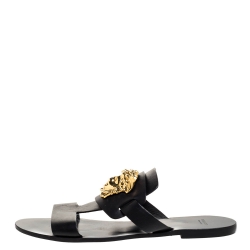 Versace Black Leather Medusa Detail Flats Slides Size 39