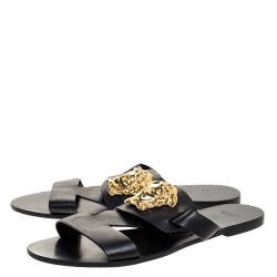 Versace Black Leather Medusa Detail Flats Slides Size 39