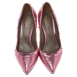 Pre Owned Versace Metallic Pink Leather Greek Key Stitch Detail Pointed Toe Pumps Size 38