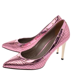 Pre Owned Versace Metallic Pink Leather Greek Key Stitch Detail Pointed Toe Pumps Size 38