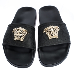Pre Owned Versace Black Rubber Medusa Flat Slides Size 36