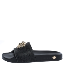 Pre Owned Versace Black Rubber Medusa Flat Slides Size 36