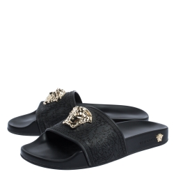 Pre Owned Versace Black Rubber Medusa Flat Slides Size 36