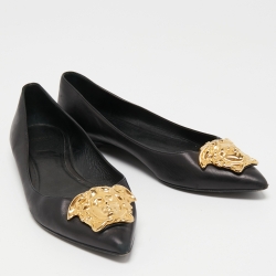Pre Owned Versace Black Leather Medusa Ballet Flats Size 38