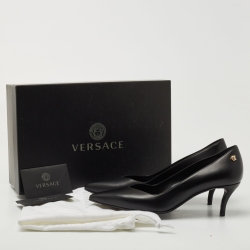Pre Owned Versace Black Leather Medusa Pointed Toe Pumps Size 37