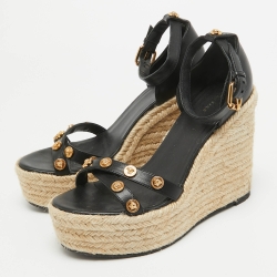 Versace Black Leather Wedge Ankle Strap Sandals Size 38