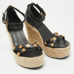Versace Black Leather Wedge Ankle Strap Sandals Size 38