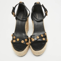 Versace Black Leather Wedge Ankle Strap Sandals Size 38
