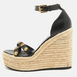 Versace Black Leather Wedge Ankle Strap Sandals Size 38
