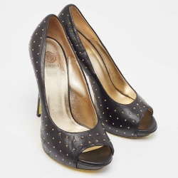 Pre Owned Versace Black Studded Leather Open Toe Pumps Size 38