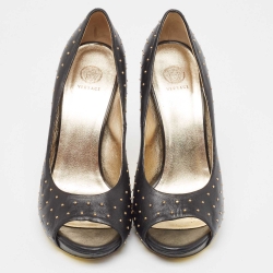 Pre Owned Versace Black Studded Leather Open Toe Pumps Size 38