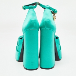 Versace Green Satin Aevitas Block Heel Ankle Strap Pumps Size 35.5 