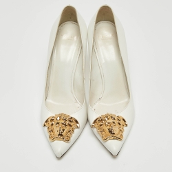 Pre Owned Versace White Leather Palazzo Pointed Toe Pumps Size 37.5