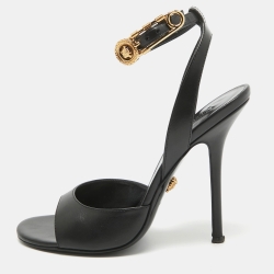 Pre Owned Versace Black Leather Ankle Strap Sandals Size 37