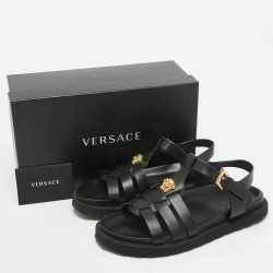 Pre Owned Versace Black Leather La Medusa Flat Sandals Size 37