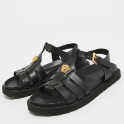 Pre Owned Versace Black Leather La Medusa Flat Sandals Size 37